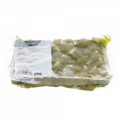 Grüne Oliven mit Knoblauch (im Nachfüllbeutel)