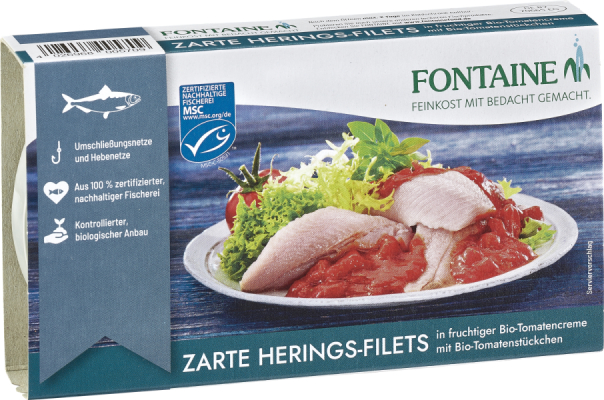 Fontaine Heringsfilets in Bio-Tomatencreme m. Tomatenstück.